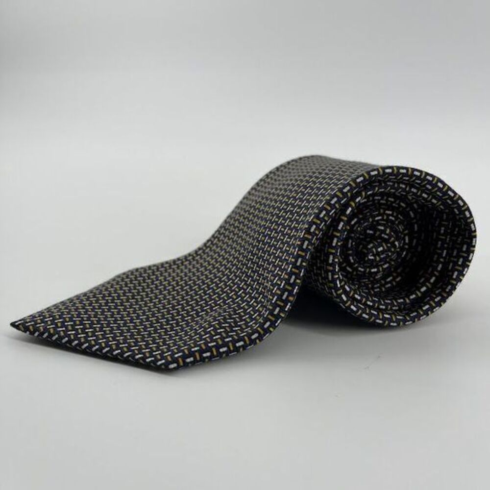 Ralph Lauren Men's Silk Tie Navy Blue Gold White Geometric Pattern Hand Finished